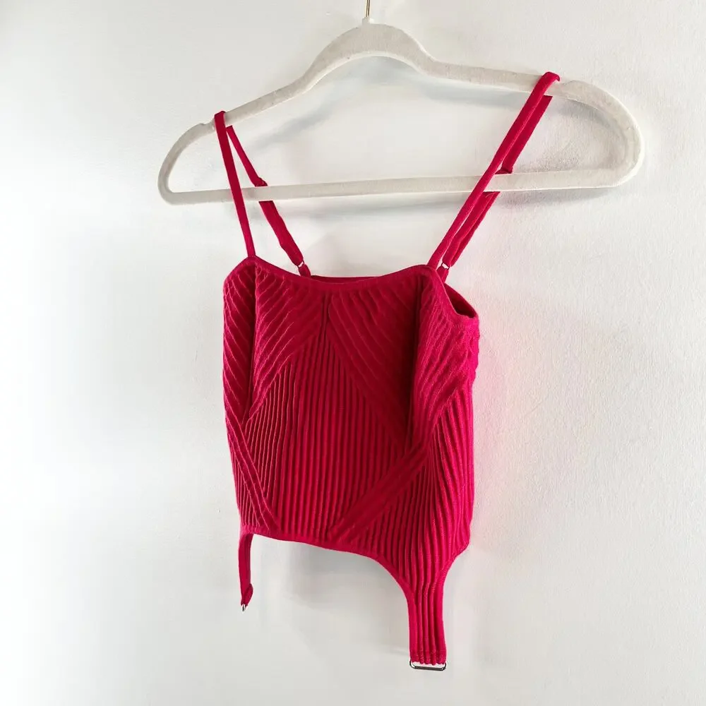 ALO Yoga Denim Knit Garter Ribbed Tank Top in Bold Red Small